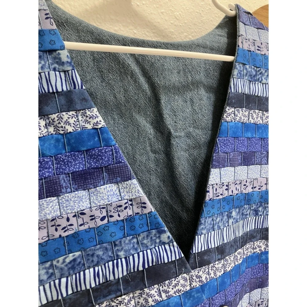 Vintage Handmade Art To Wear Vest Blue Woven Denim Back Womens XL